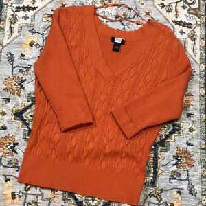 🍊STUDIO 1940 Burnt Orange Cable Knit V Neck Three-Quarter Cuff Sleeve